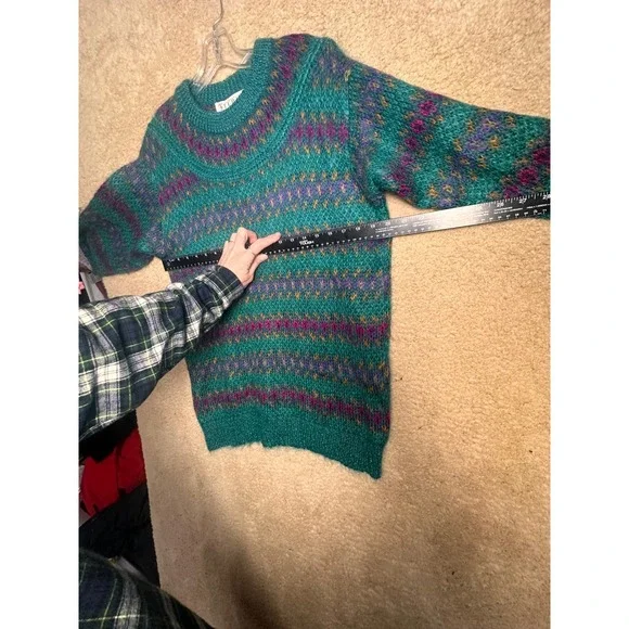Vintage 80s Michelle Stuart Mohair Wool Fair Isle Sweater‎ Teal Woman Sz M - Picture 14 of 16